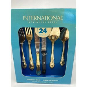 International Stainless Goldplated Queens‎ Fancy 24 Pc for 4 incl Steak Knives